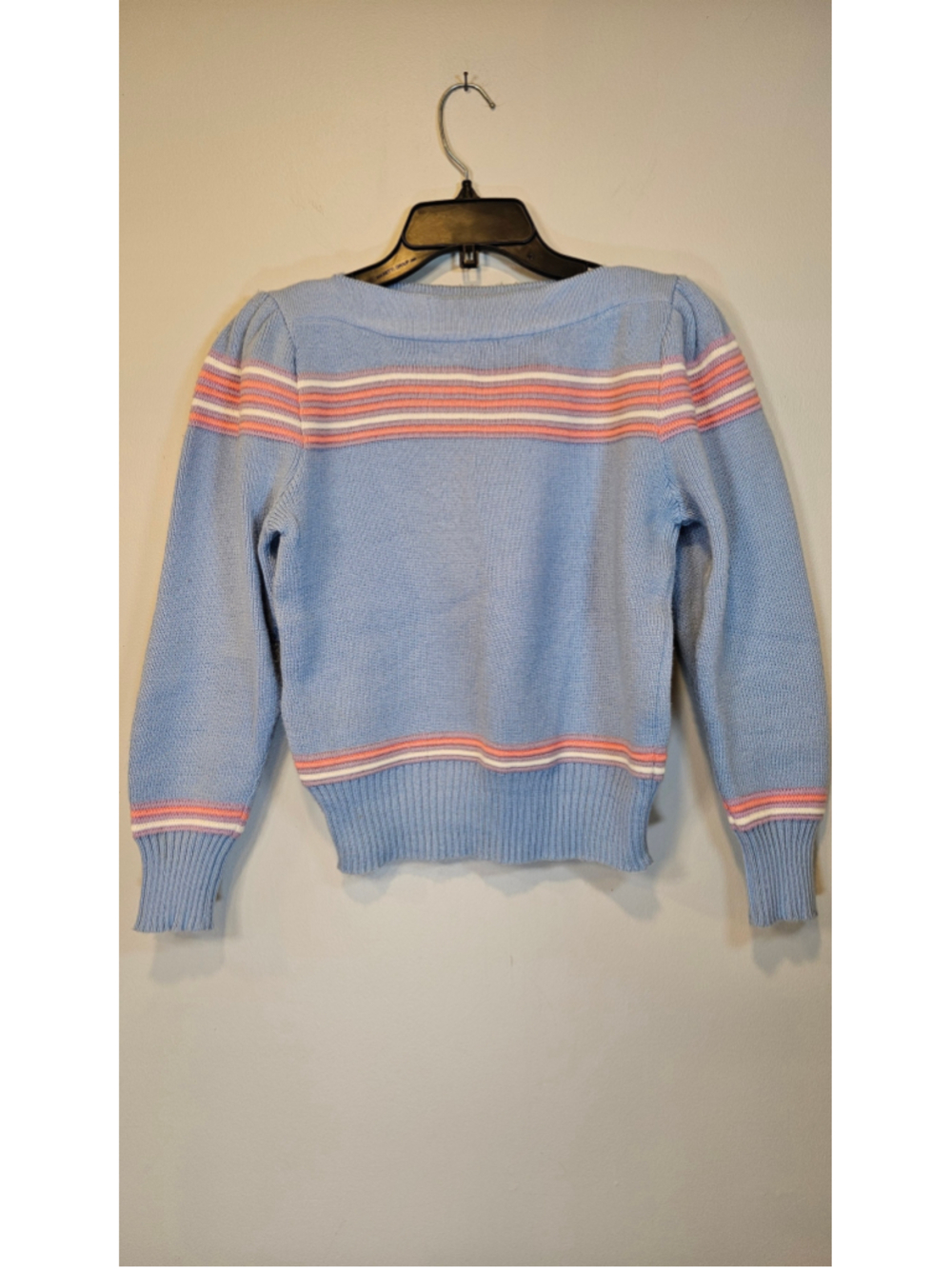 Vintage 80s Andrew St John Sweater M Blue Pastel Striped Puff Sleeve Preppy